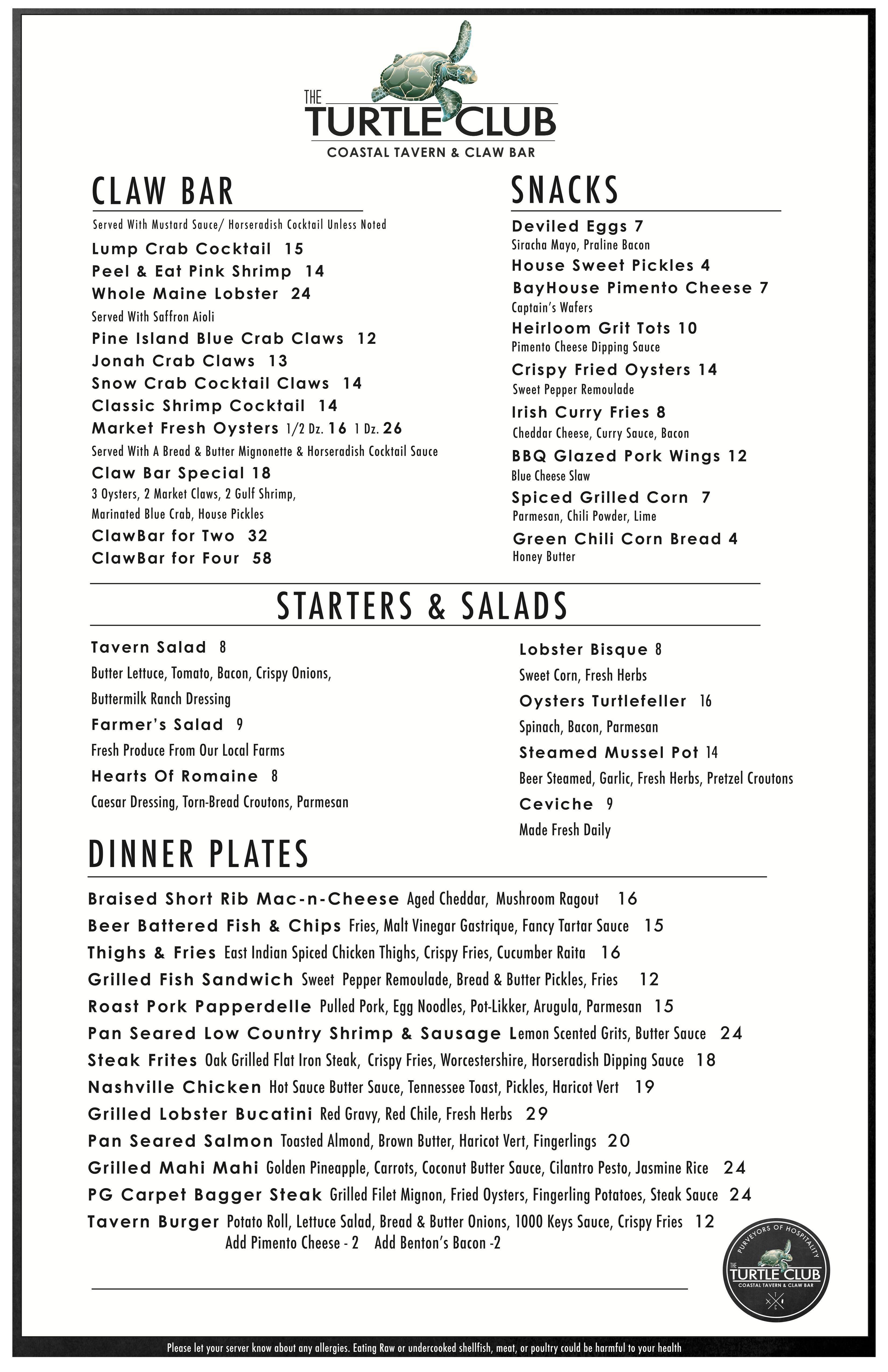 Turtle Club & Claw Bar Menu Urbanspoon/Zomato