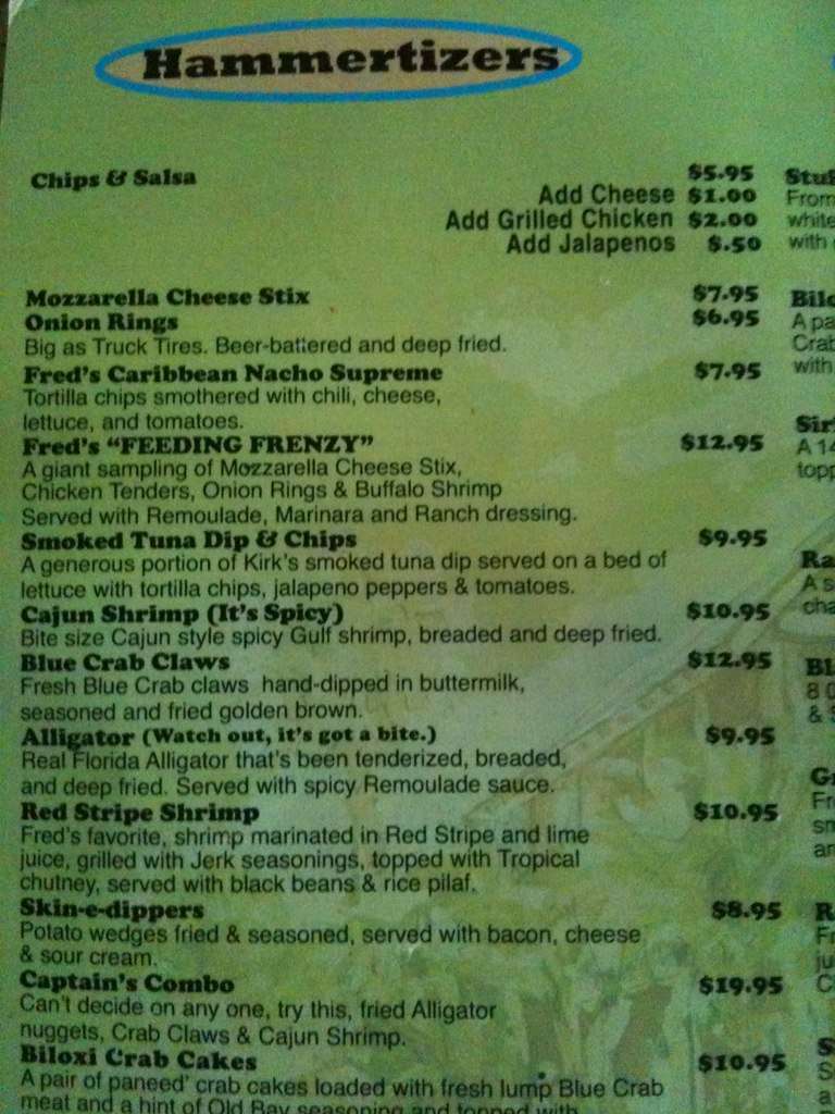 Hammerhead Freds Menu, Menu for Hammerhead Freds, Panama City Beach