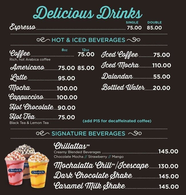 Menu at Cinnabon cafe, Quezon City, Robinson Galleria