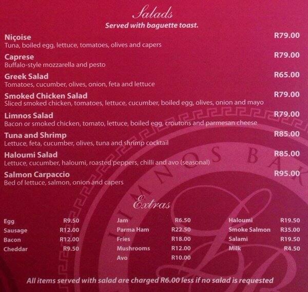 Menu at Limnos Bakers Cape Gate cafe, Cape Town, 0A Okavango Rd