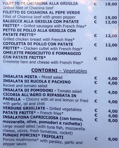 Menu at Trattoria da Aldo restaurant, Rome