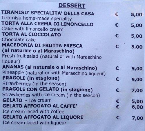 Menu at Trattoria da Aldo restaurant, Rome