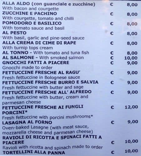 Menu at Trattoria da Aldo restaurant, Rome