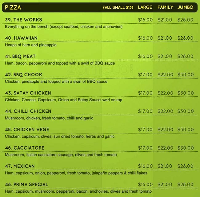 Prima Pizza & Pasta menu, Menu restauracji Prima Pizza & Pasta, Leeming