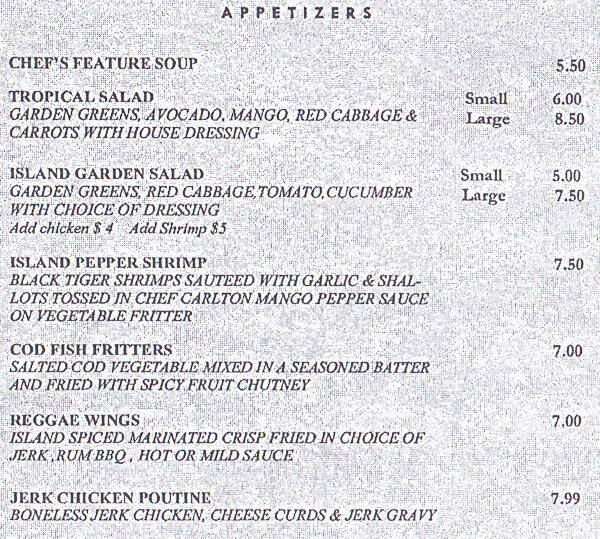 Island Grill menu, Menu restauracji Island Grill, Centretown, Ottawa