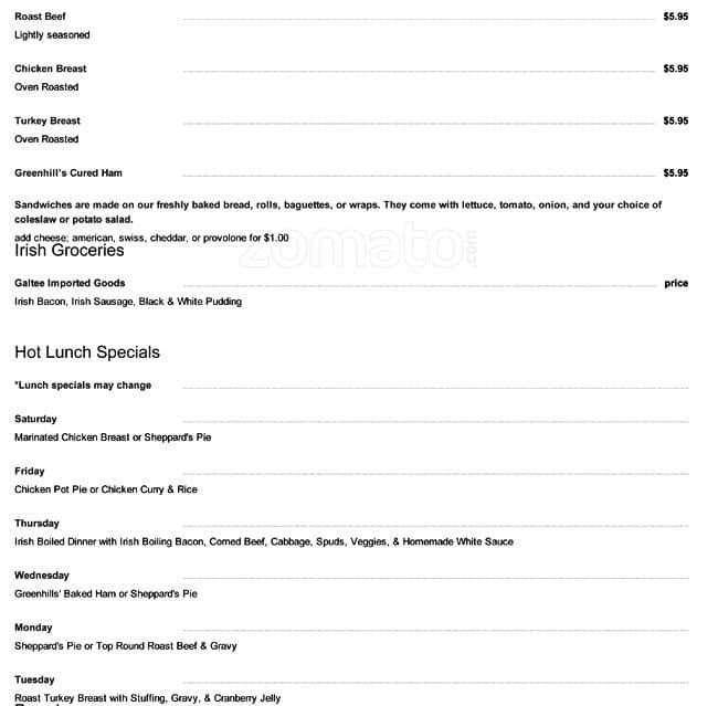 Greenhills Traditional Irish Bakery Menu