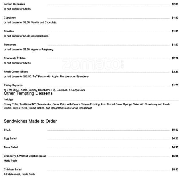 Greenhills Traditional Irish Bakery Menu