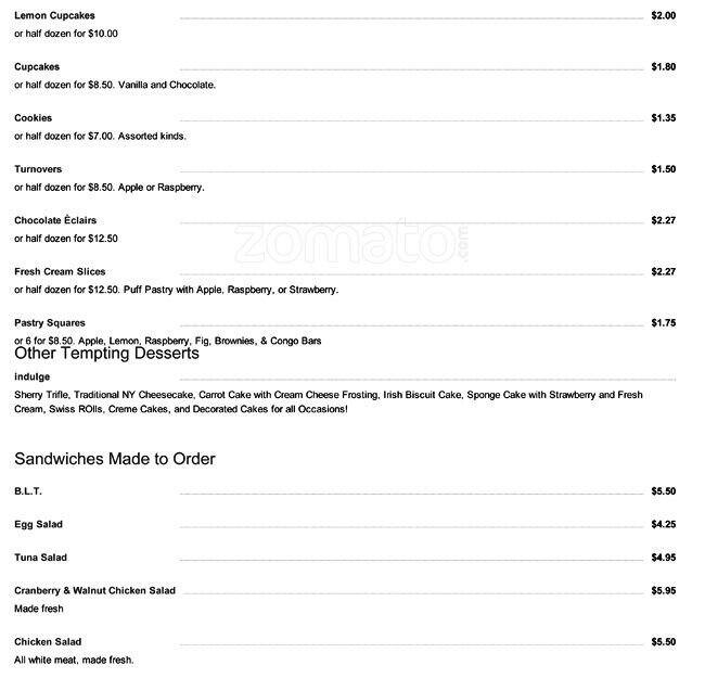 Greenhills Traditional Irish Bakery Menu