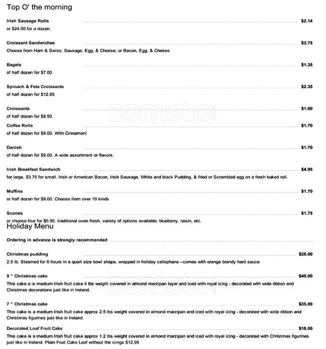 Greenhills Traditional Irish Bakery Menu