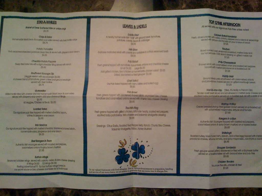 Menu at Shenanigans restaurant, Dahlonega