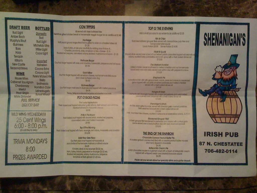 Menu at Shenanigans restaurant, Dahlonega