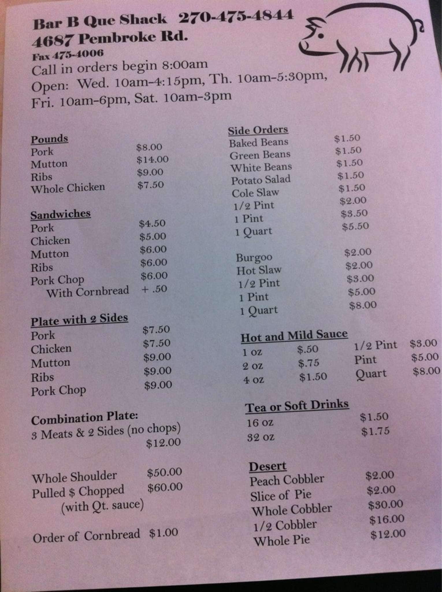 Menu at Bar B Que Shack, Hopkinsville