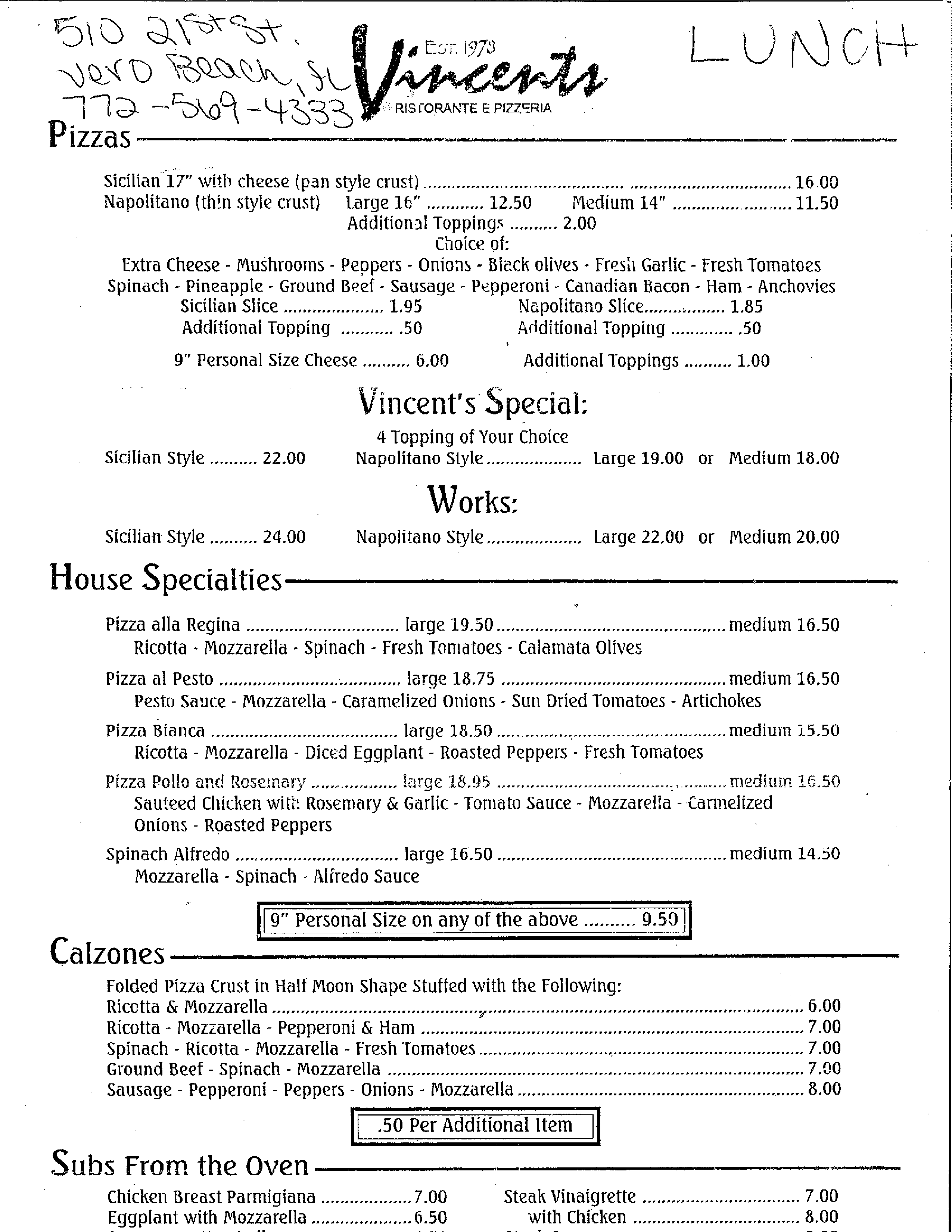 Menu at Vincents Pizza & Brew pizzeria, Vero Beach