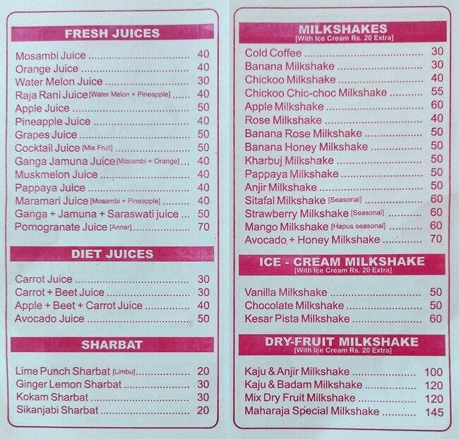 Maharaja Pure Juices Menu, Menu for Maharaja Pure Juices, Santacruz