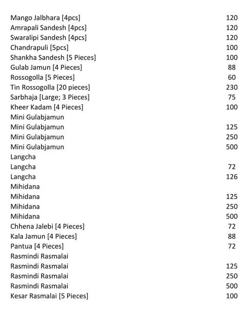 Balaram Mullick & Radharaman Mullick menu