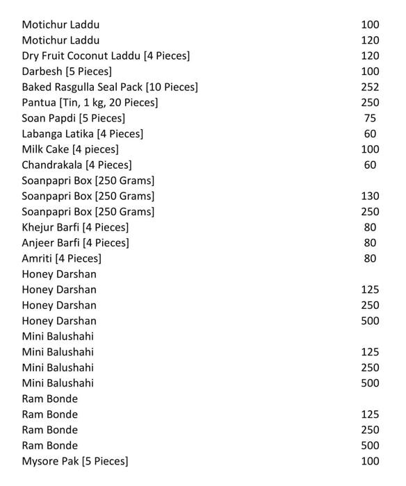 Balaram Mullick & Radharaman Mullick menu