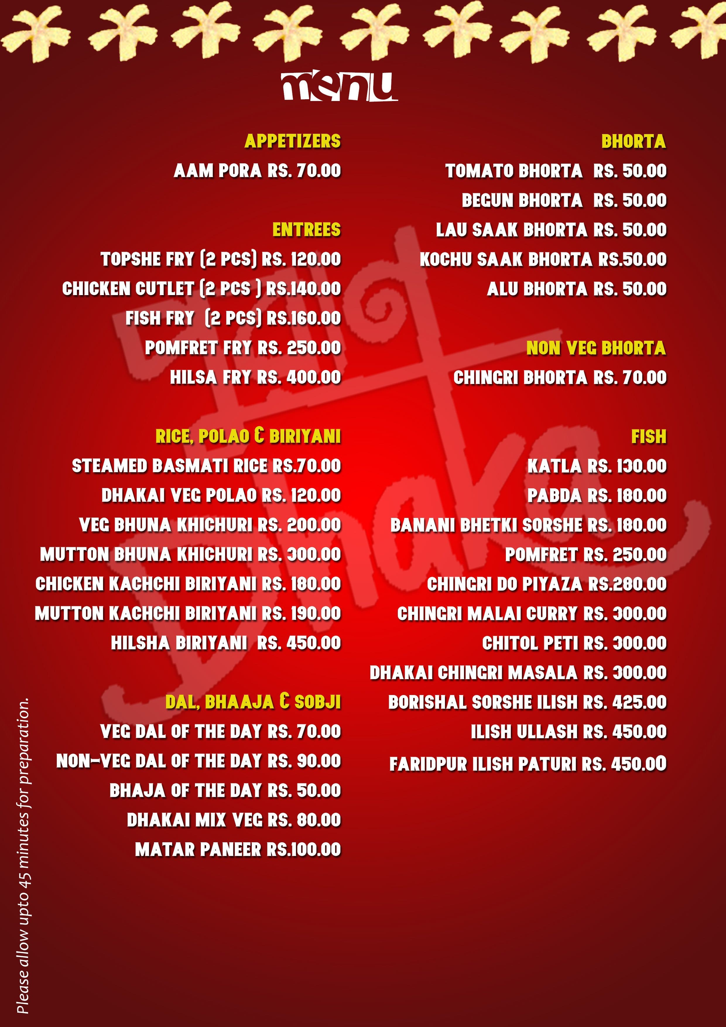 Menu at Puran Dhaka, Kolkata