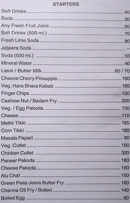Hotel Sai Pranay menu