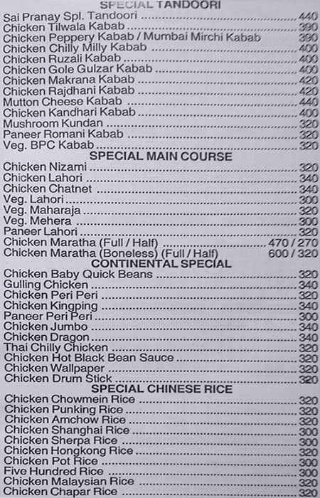 Hotel Sai Pranay menu