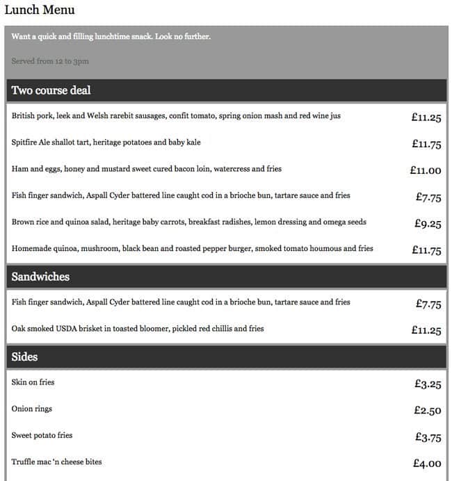 Menu at The Engineer pub & bar, London
