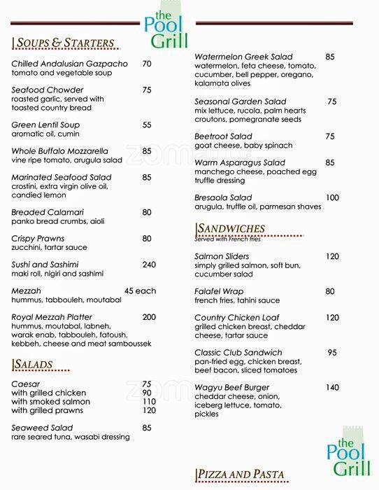 Pool Grill Four Seasons Hotel Menu Zomato Qatar