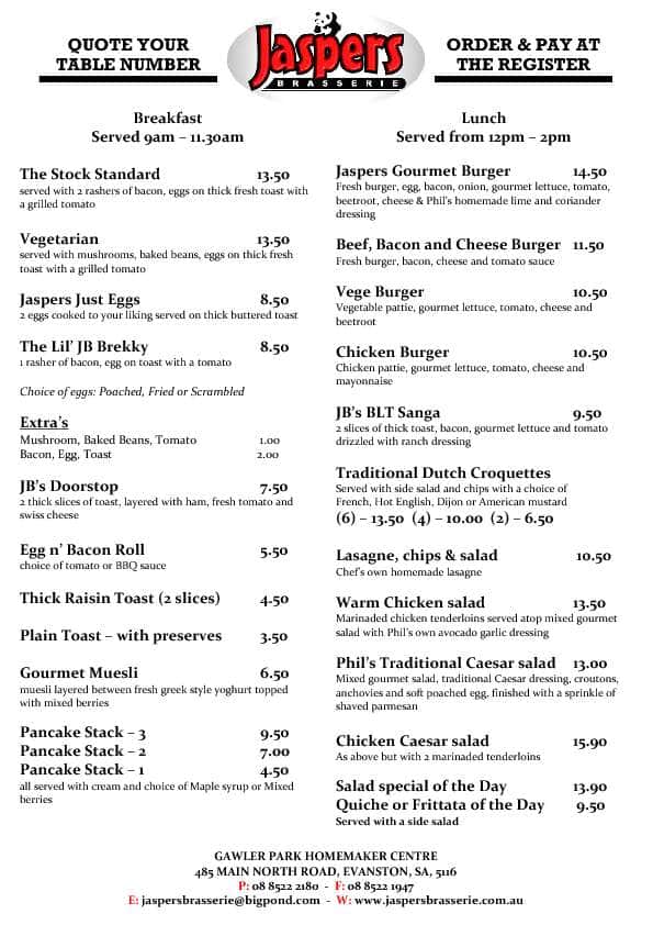 Jaspers Brasserie Menu, Menu for Jaspers Brasserie, Evanston, Adelaide ...