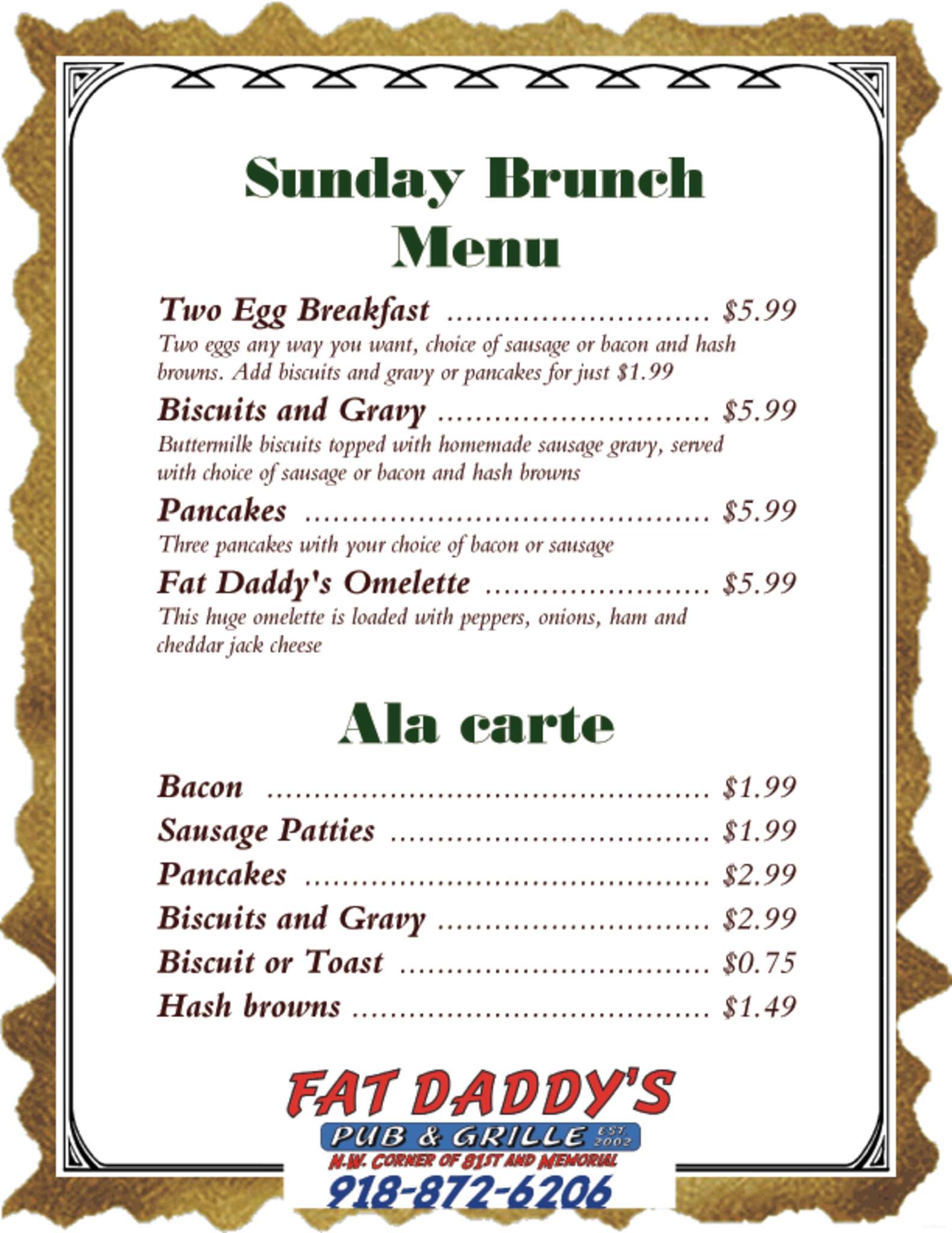 Menu at Fat Daddy's Pub & Grill, Tulsa