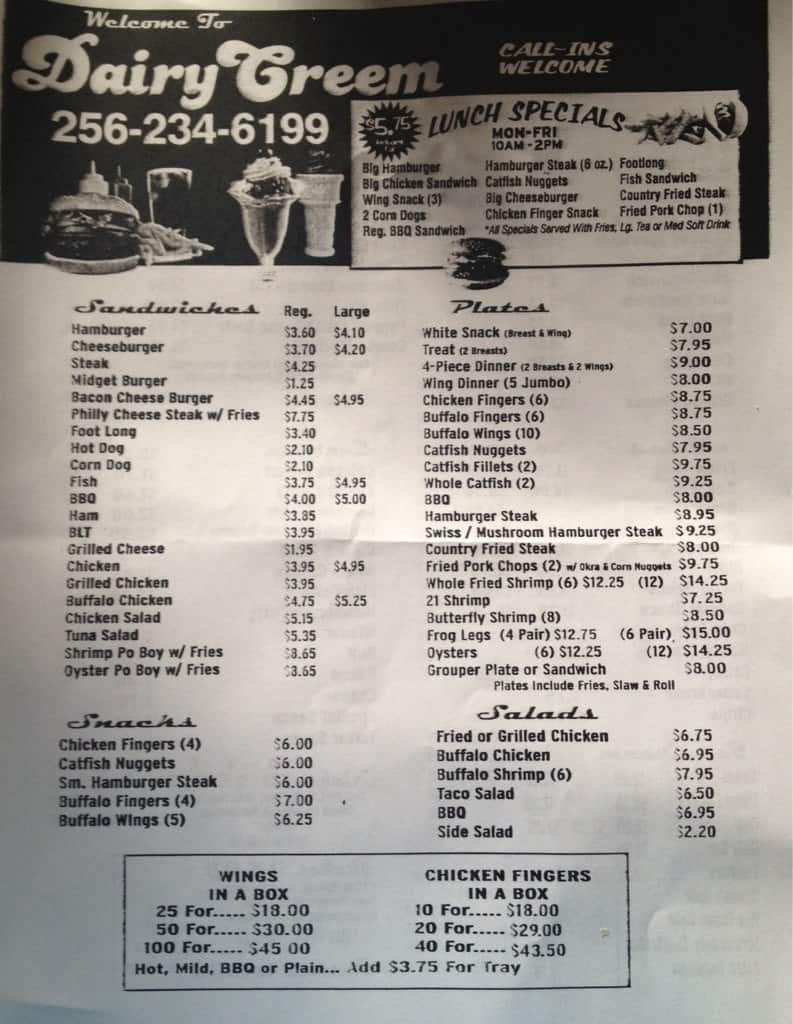 Buck's Dairy Quick Menu, Menu for Buck's Dairy Quick, Alexander City