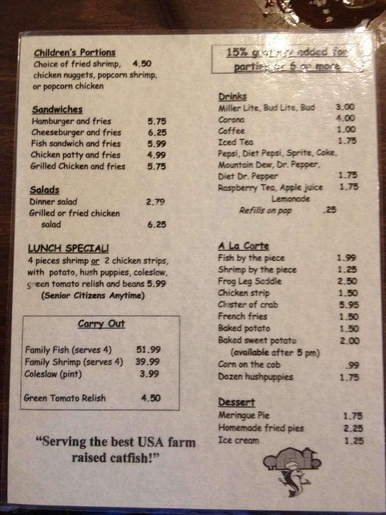 Menu at Catfish Cabin restaurant, Eureka Springs, E Van Buren