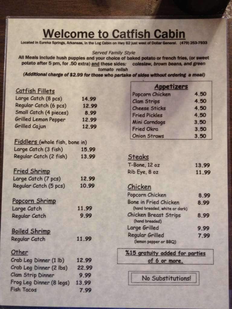 Menu at Catfish Cabin restaurant, Eureka Springs, E Van Buren