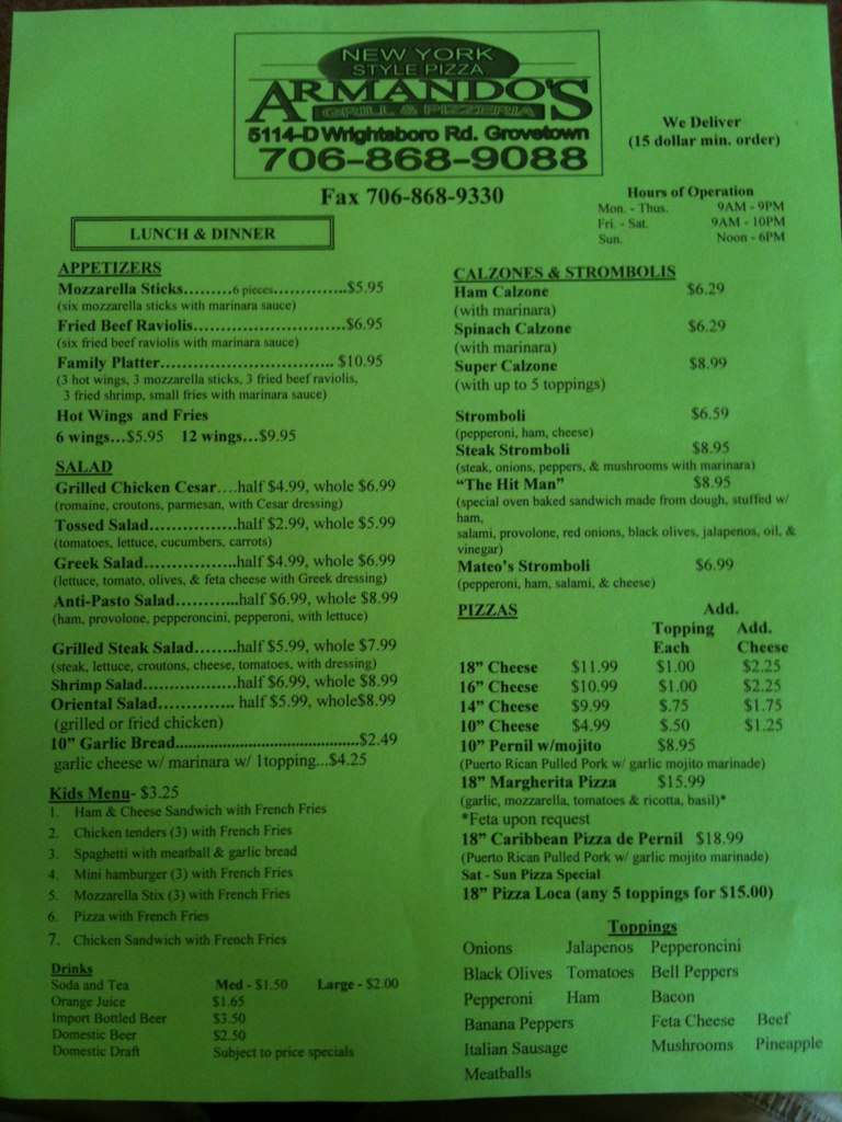Armando's Grill & Pizzeria Menu Urbanspoon/Zomato