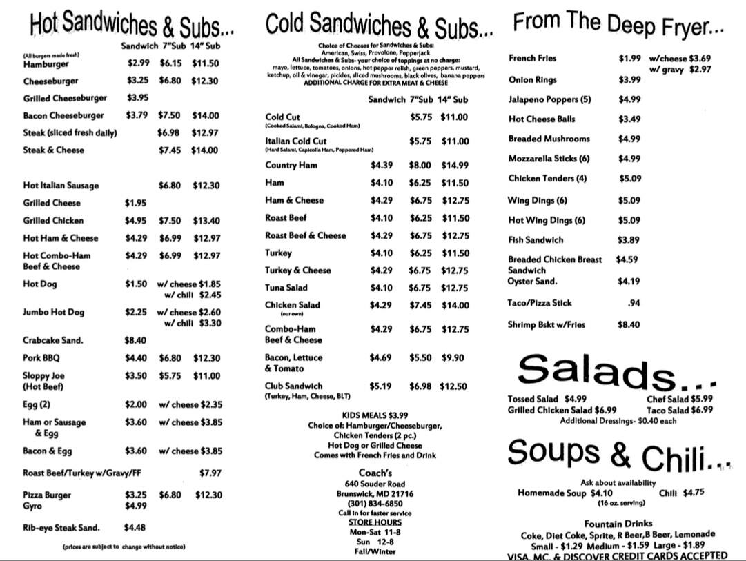 Coach's Menu, Menu for Coach's, Brunswick, Brunswick Urbanspoon/Zomato