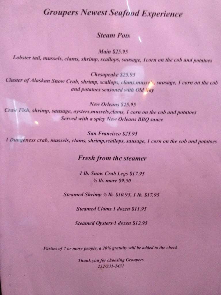 Menu at Grouper's Waterfront Restaurant, Elizabeth City