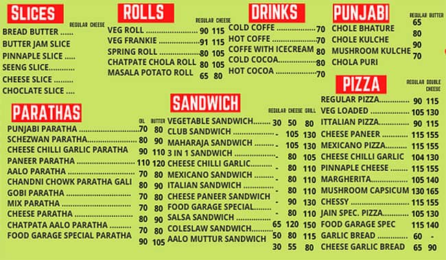 Menu at Food Garage, Ahmedabad