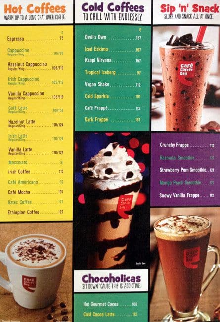 Menu Of Cafe Coffee Day Bangur Kolkata