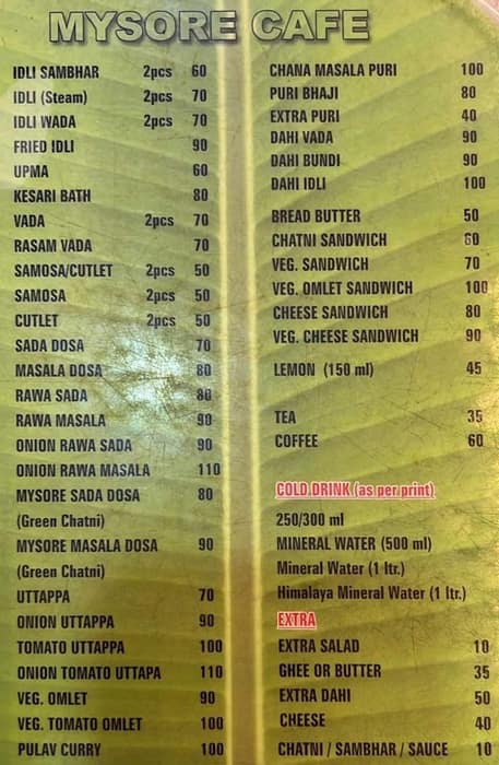 Menu of Mysore Cafe, Athwa, Surat