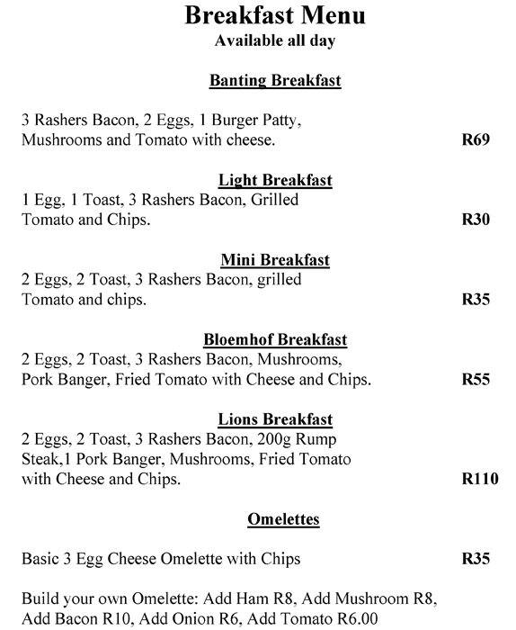 Menu at The Bloemhof Restaurant Guesthouse, Cape Town, 76 Bloemhof Rd