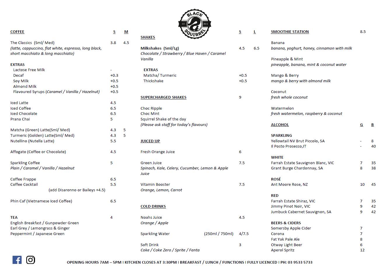 Black Squirrel Menu, Menu podniku Black Squirrel, Sandringham