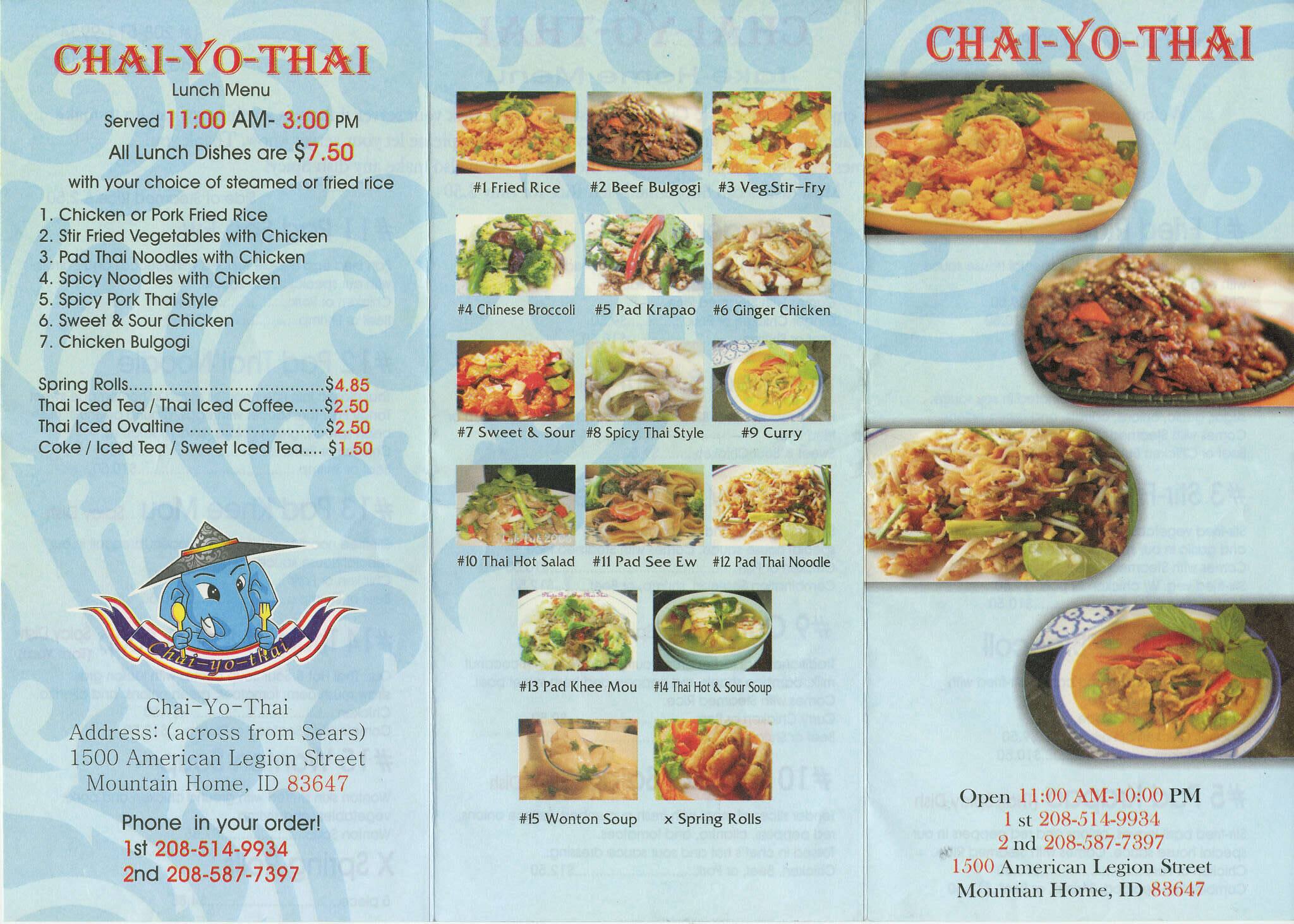 Menu at Chai-Yo-Thai restaurant, Mountain Home