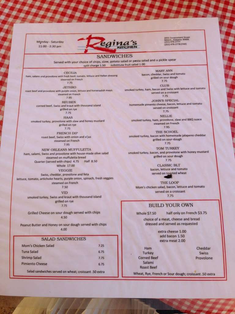 Menu at Regina's Kitchen cafe, Mobile, Government St