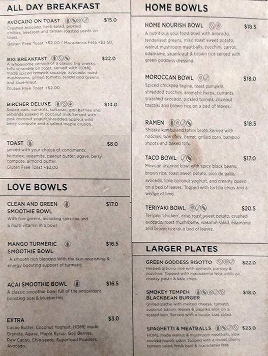 Menu at HOME Vegan Bar, Docklands, shop 4/699 Collins St