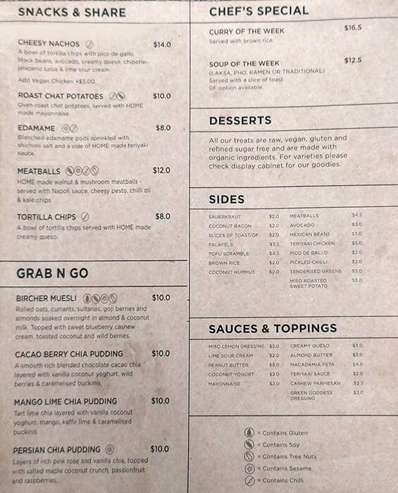 Menu at HOME Vegan Bar, Docklands, shop 4/699 Collins St