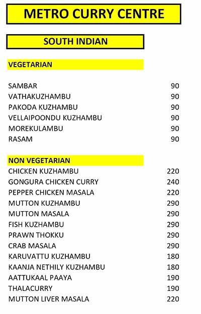 Menu of Metro Curry Centre, Ambattur, Chennai