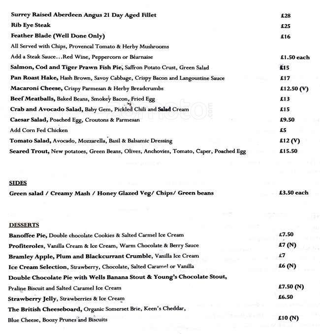Menu at Hand and Spear pub & bar, Weybridge