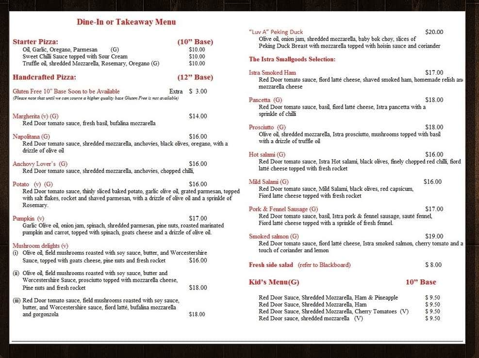 Red Door Pizzeria Menu Menu For Red Door Pizzeria Buninyong