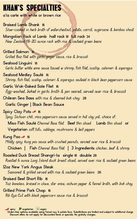 Khan's Cave Grill & Tavern menu