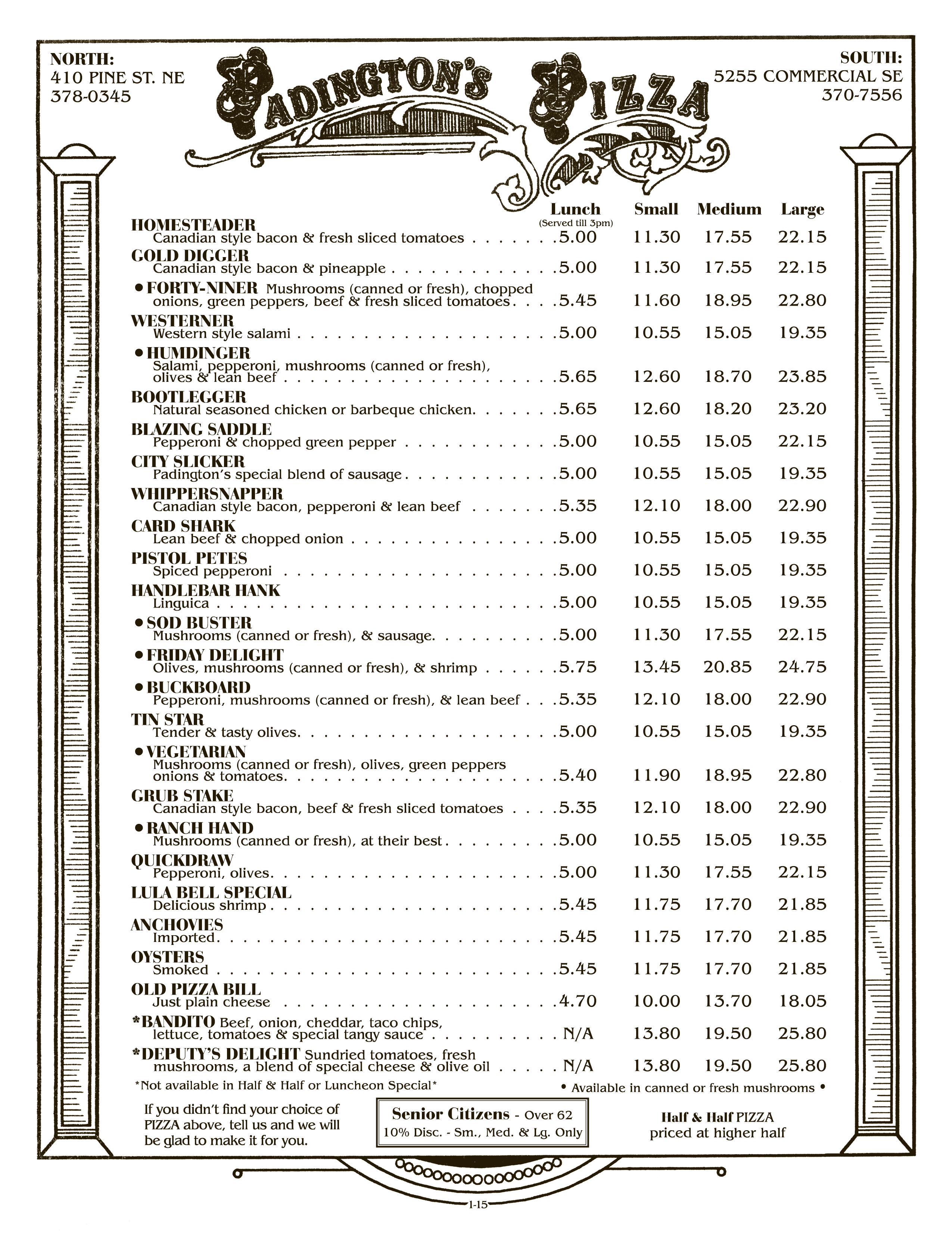 Padington's Pizza Menu, Menu for Padington's Pizza, Salem, Salem
