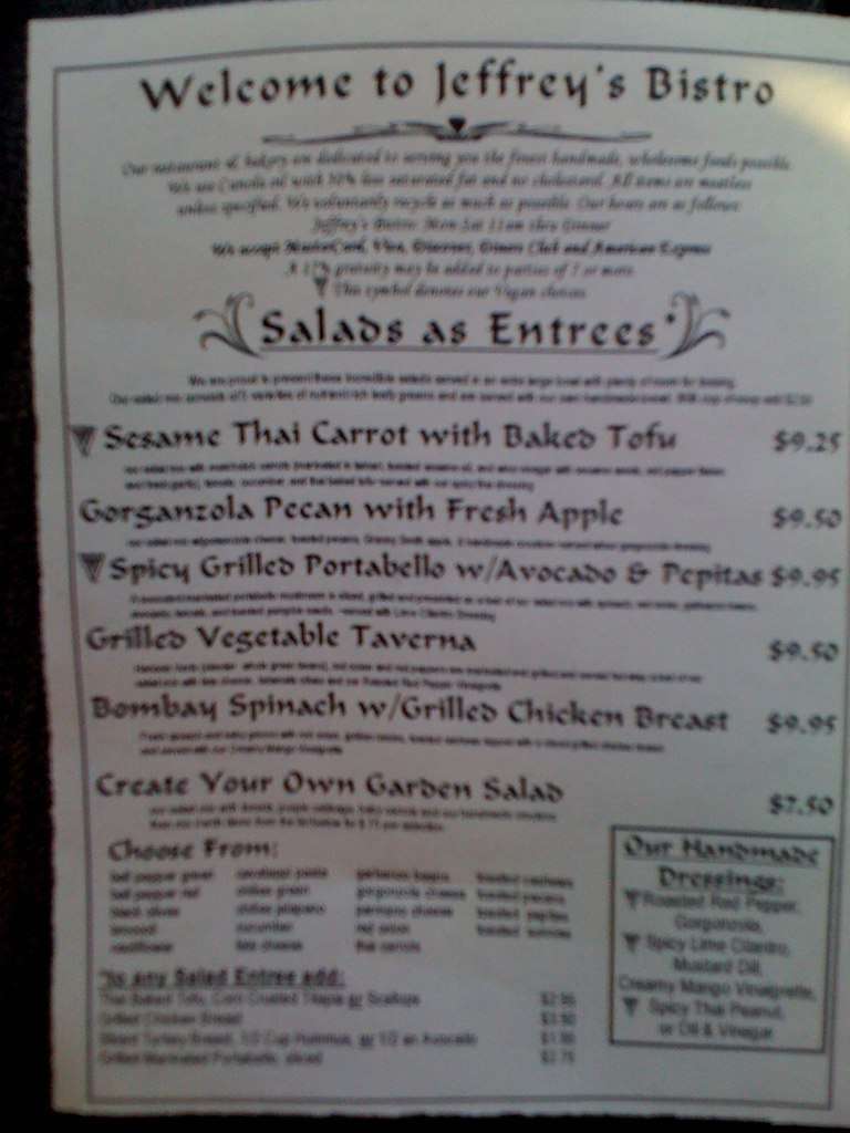 Jeffrey's Bistro Menu, Menu for Jeffrey's Bistro, Laramie, Laramie
