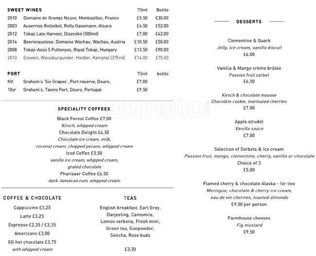 Menu at German Gymnasium Restaurant, London