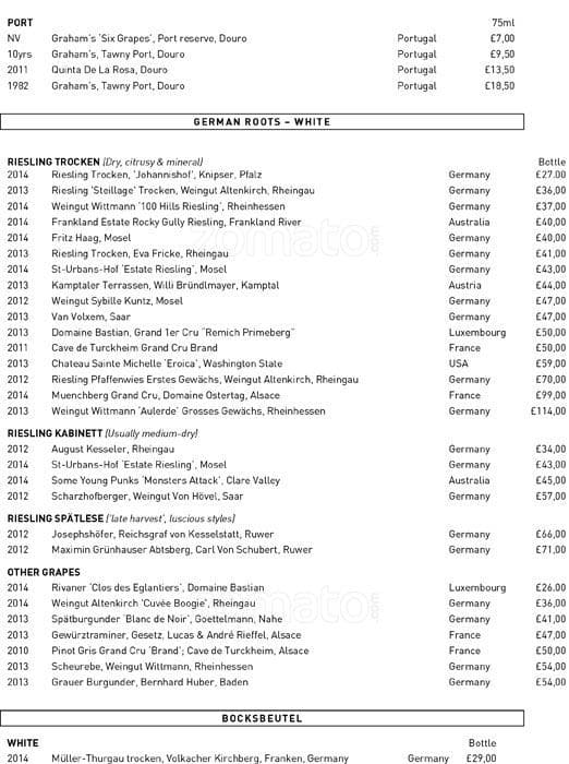 Menu at German Gymnasium Restaurant, London